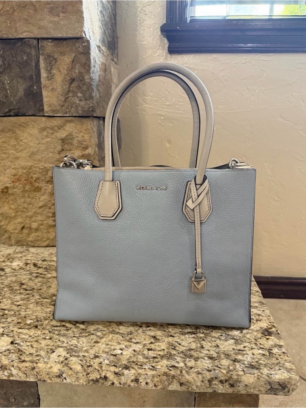 Michael Kors Pale Blue Leather Crossbody Tote with Cream Trim